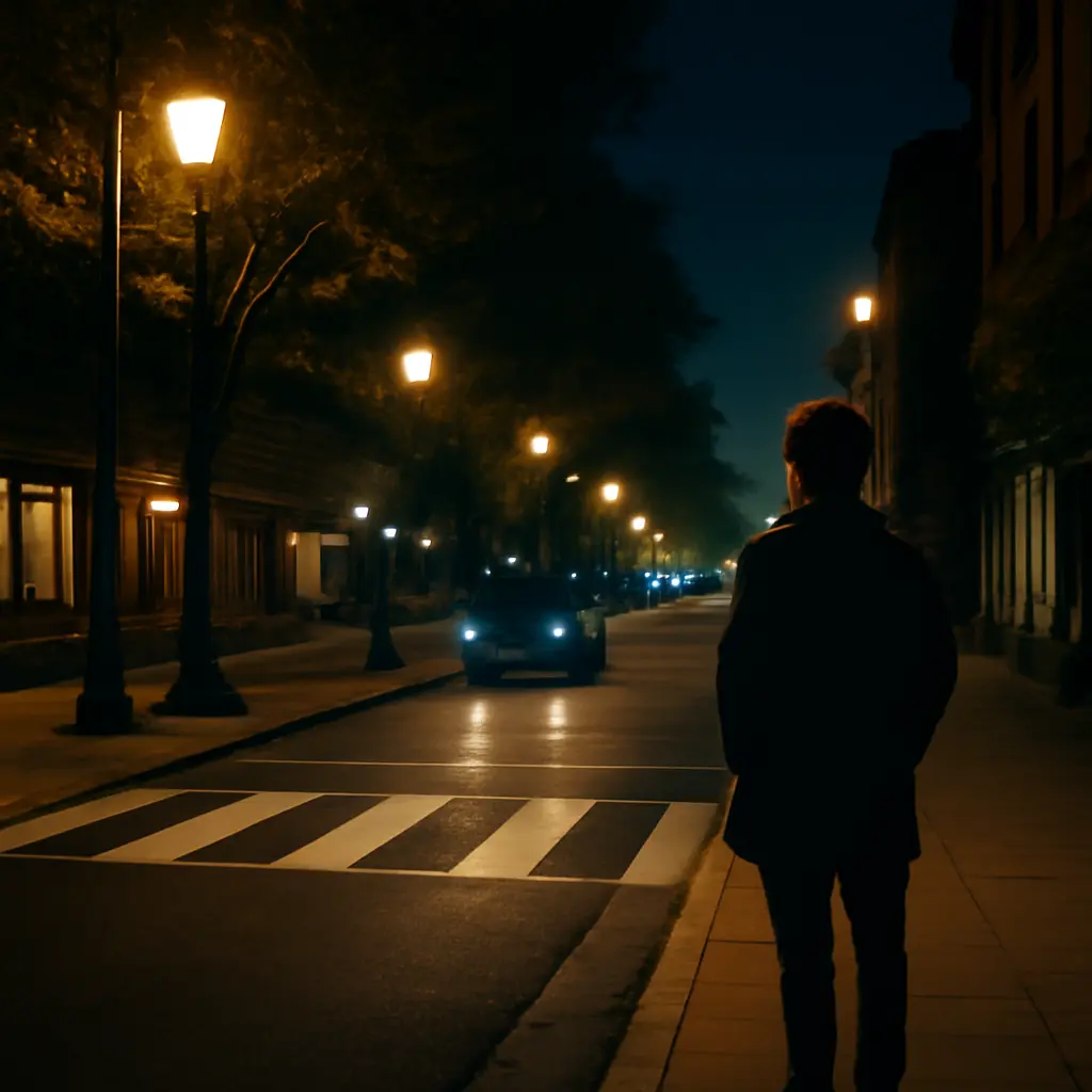 Пешеход идет по освещенной городской улице ночью