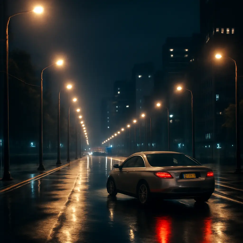 Безопасная поездка с трезвым водителем Ночной городской пейзаж с автомобилем на освещённой дороге