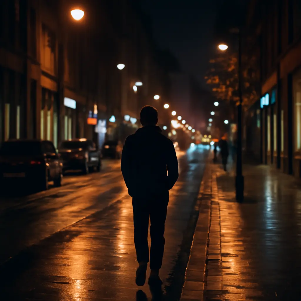 Человек идёт безопасной дорогой домой вечером