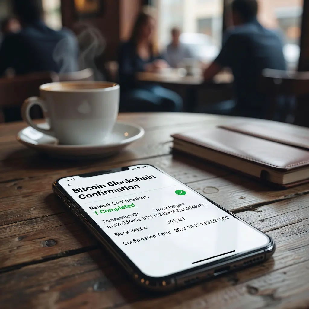 Блокчейн-подтверждение на экране смартфона Экран смартфона с отображением статуса подтверждения Bitcoin-транзакции в блокчейне