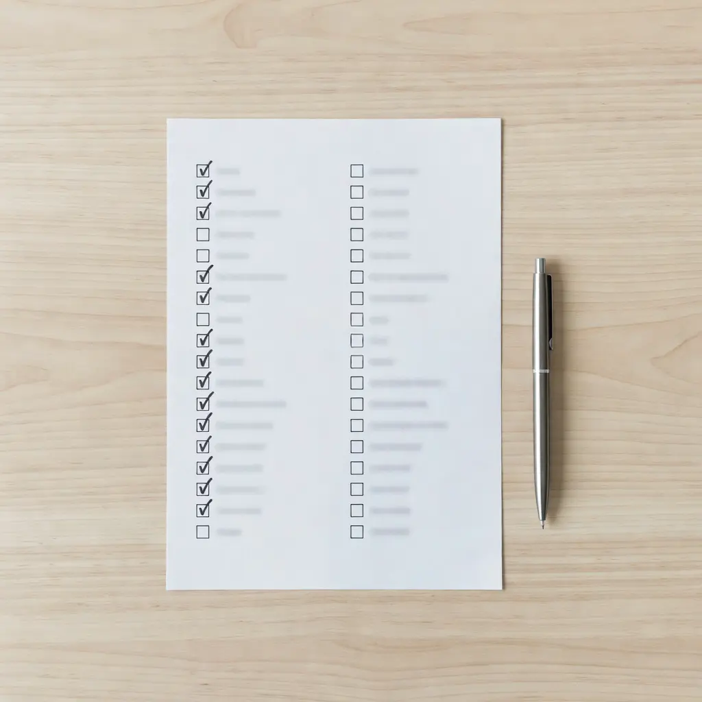 Чек-лист с отмеченными пунктами на листе бумаги, рядом лежит ручка, вид сверху
