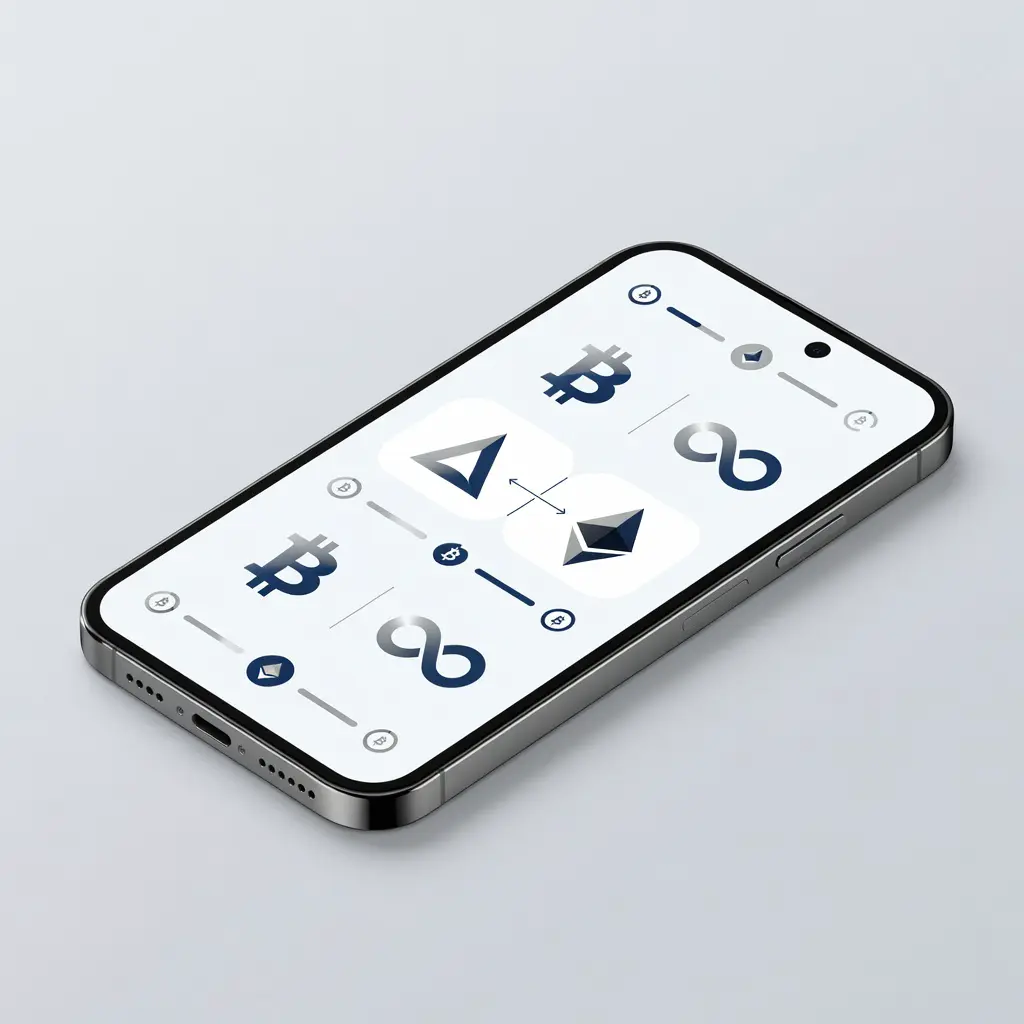 Смартфон с открытым интерфейсом криптообменника, на экране отображается курс конвертации USDT к российскому рублю и поля ввода суммы