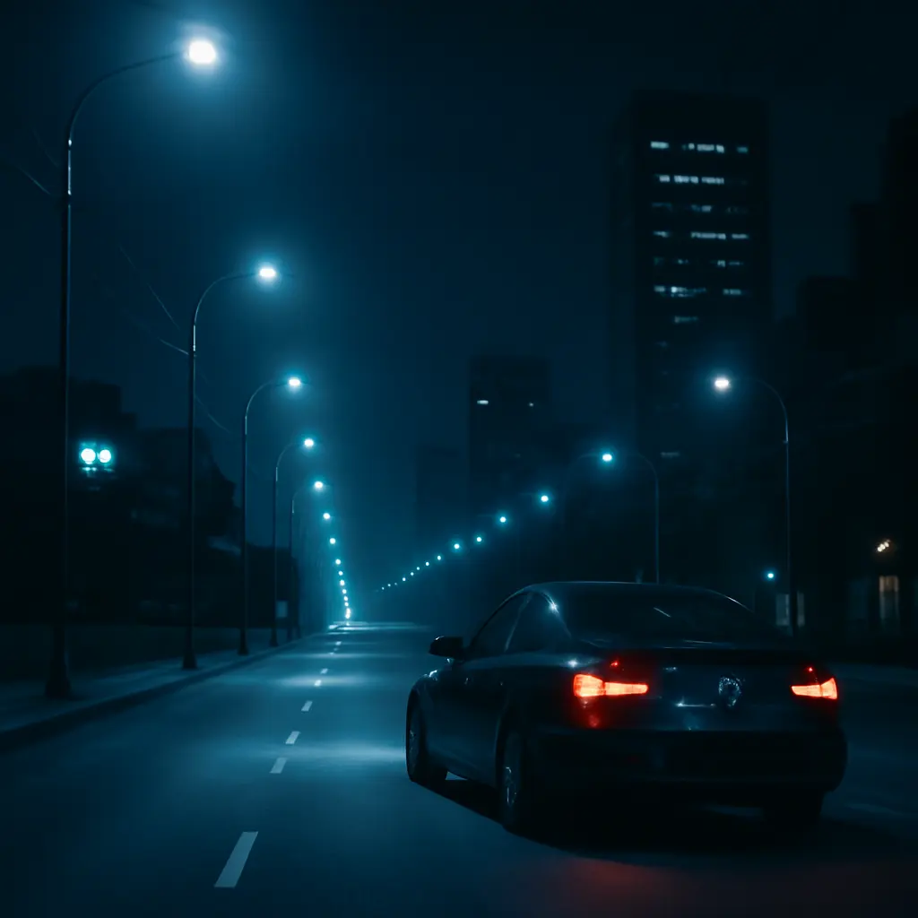 Ночной городской пейзаж с автомобилем на дороге