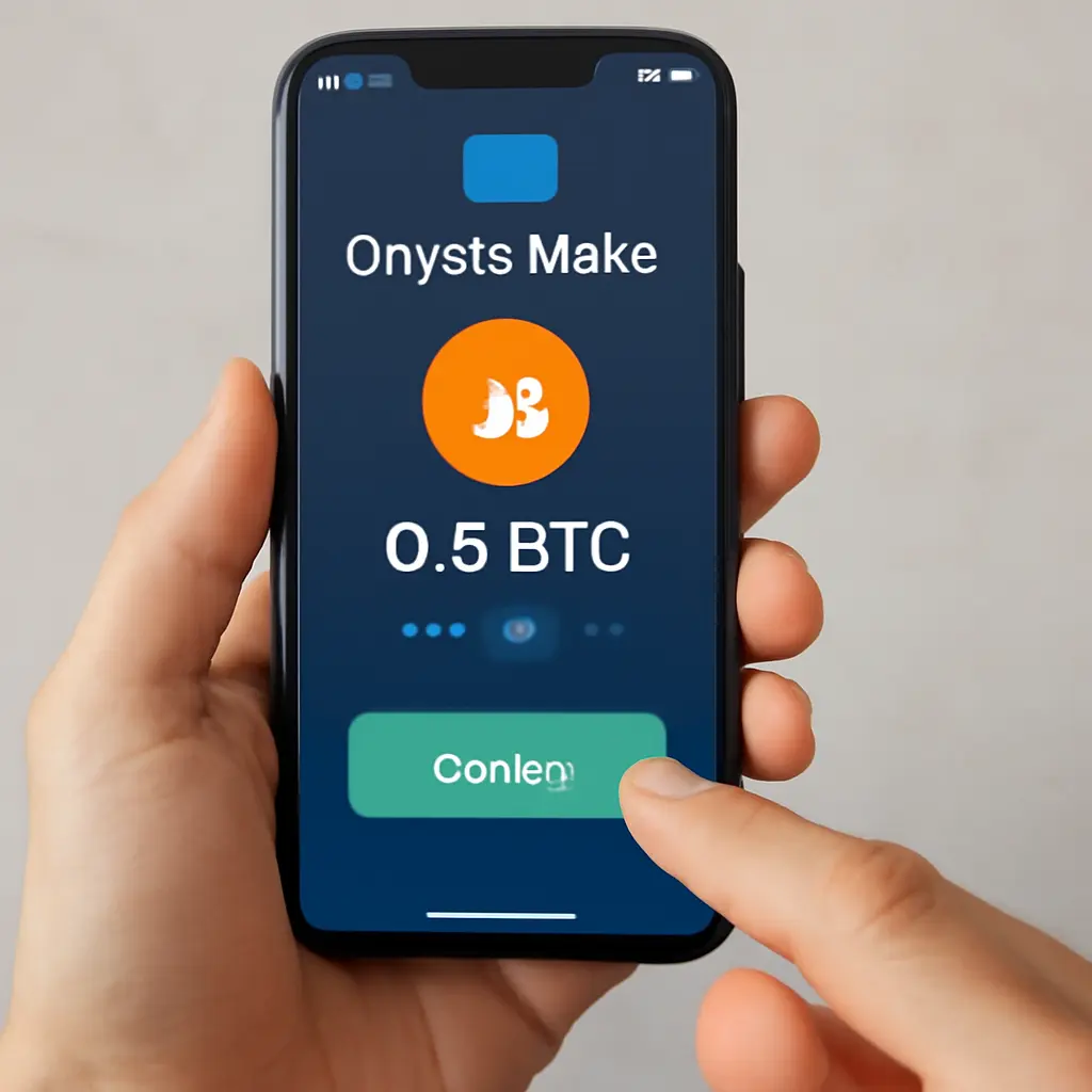 Оплата через мобильный криптокошелёк Руки держат смартфон с открытым приложением криптокошелька, подтверждение перевода