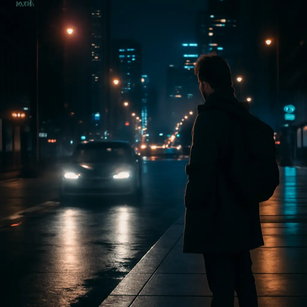 Человек ожидает водителя на тротуаре ночью