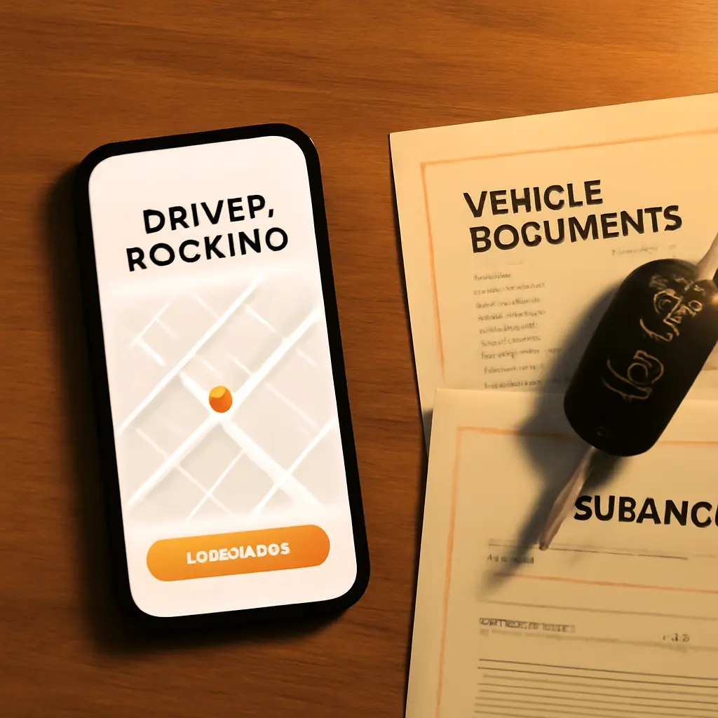 Подготовка к вызову трезвого водителя Смартфон с приложением для вызова водителя, ключи от машины и документы на столе