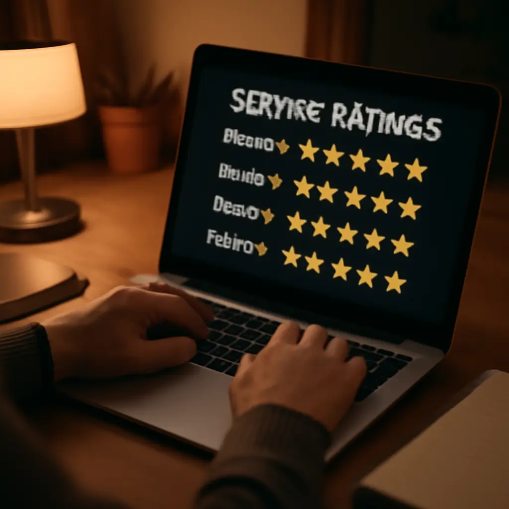 Проверка отзывов о сервисе Человек изучает отзывы о сервисе трезвых водителей на экране ноутбука