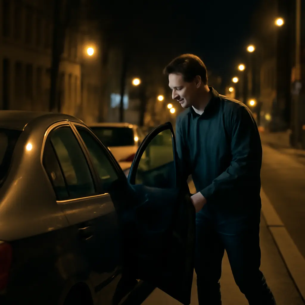 Трезвый водитель рядом с автомобилем ночью