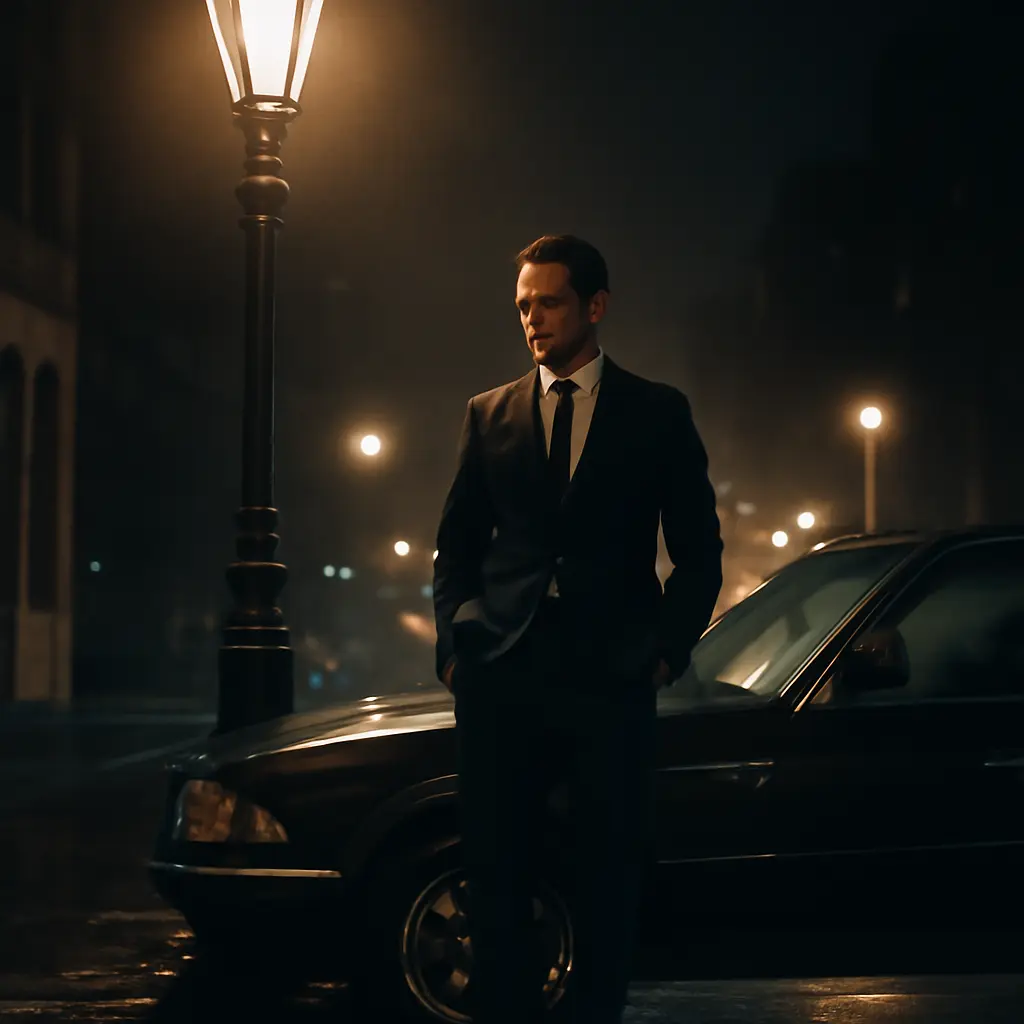 Трезвый водитель на стоянке Трезвый водитель открывает дверь автомобиля клиенту ночью