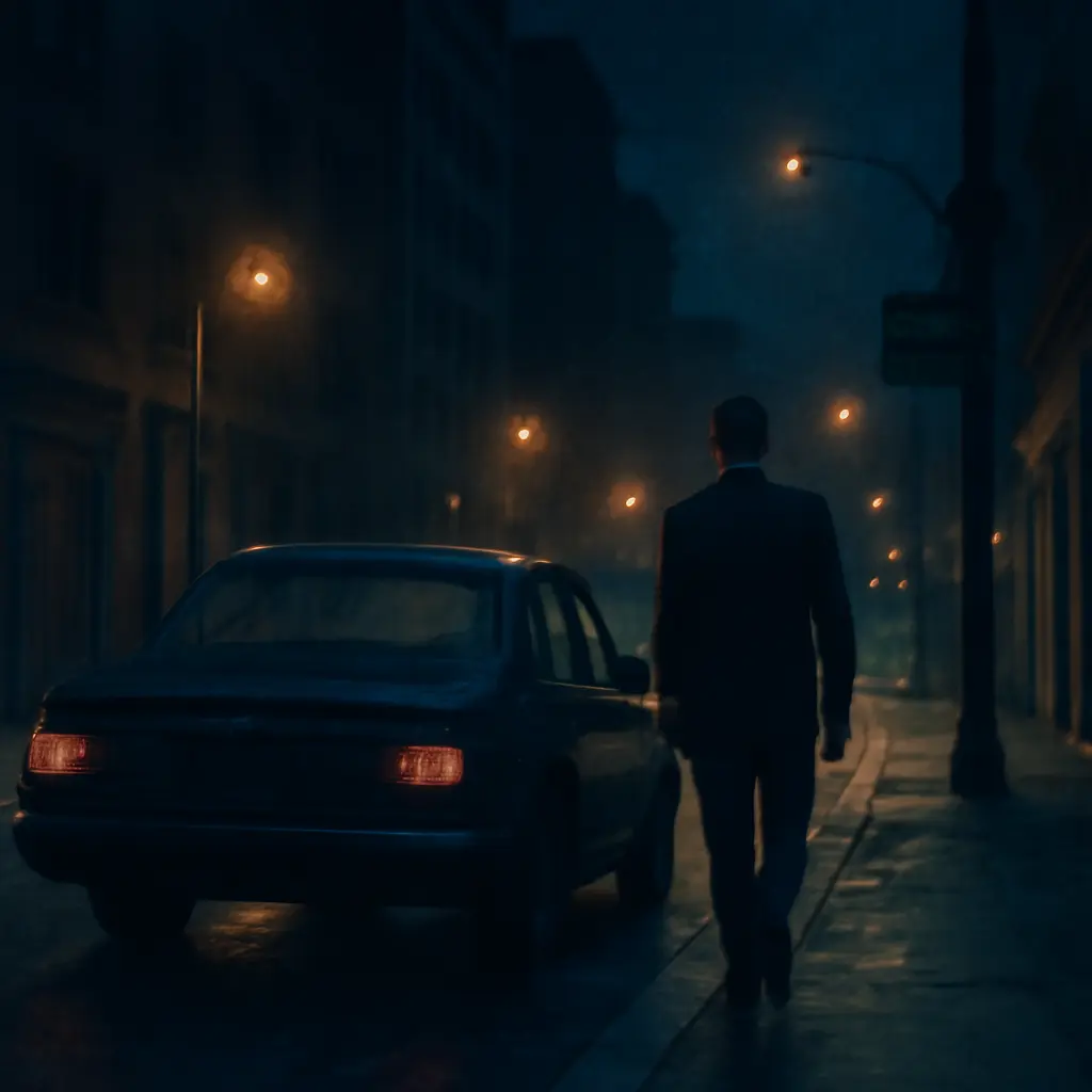 Трезвый водитель подходит к автомобилю в ночное время