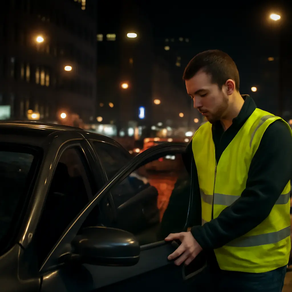 Трезвый водитель у автомобиля Трезвый водитель открывает дверь автомобиля ночью
