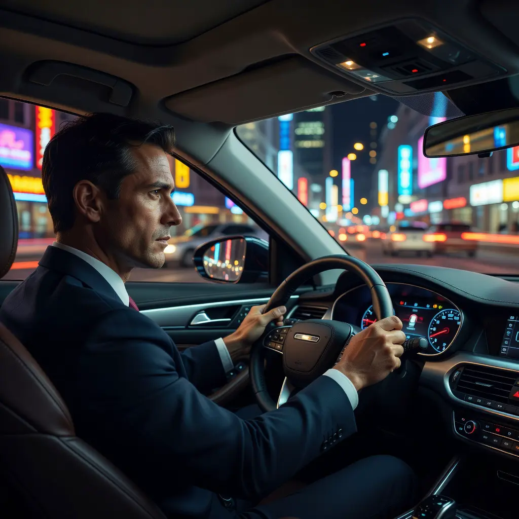 Профессиональный трезвый водитель управляет автомобилем по освещённым улицам ночного города