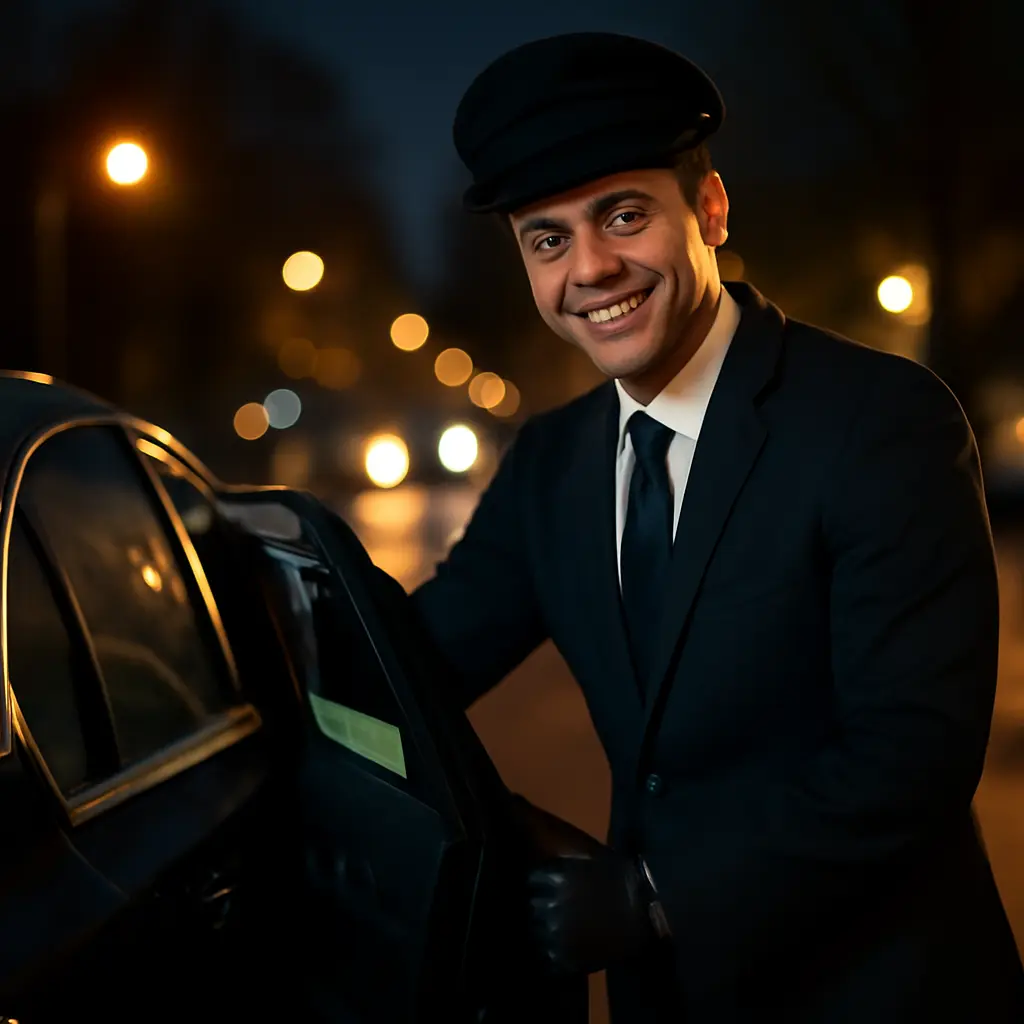 Трезвый водитель открывает дверь автомобиля клиенту ночью