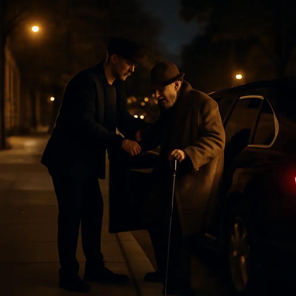 Водитель и пассажир Водитель открывает дверцу автомобиля для пассажира ночью