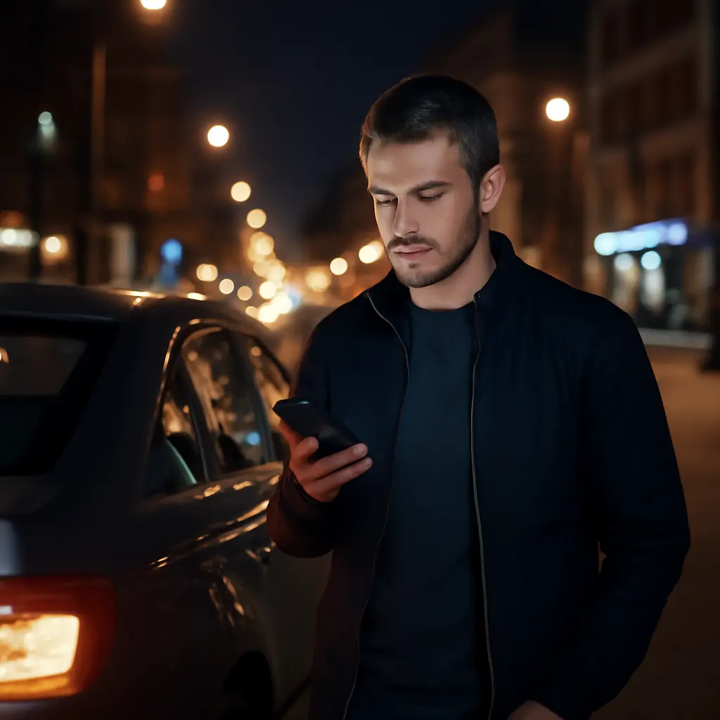 Трезвый водитель возле машины с телефоном