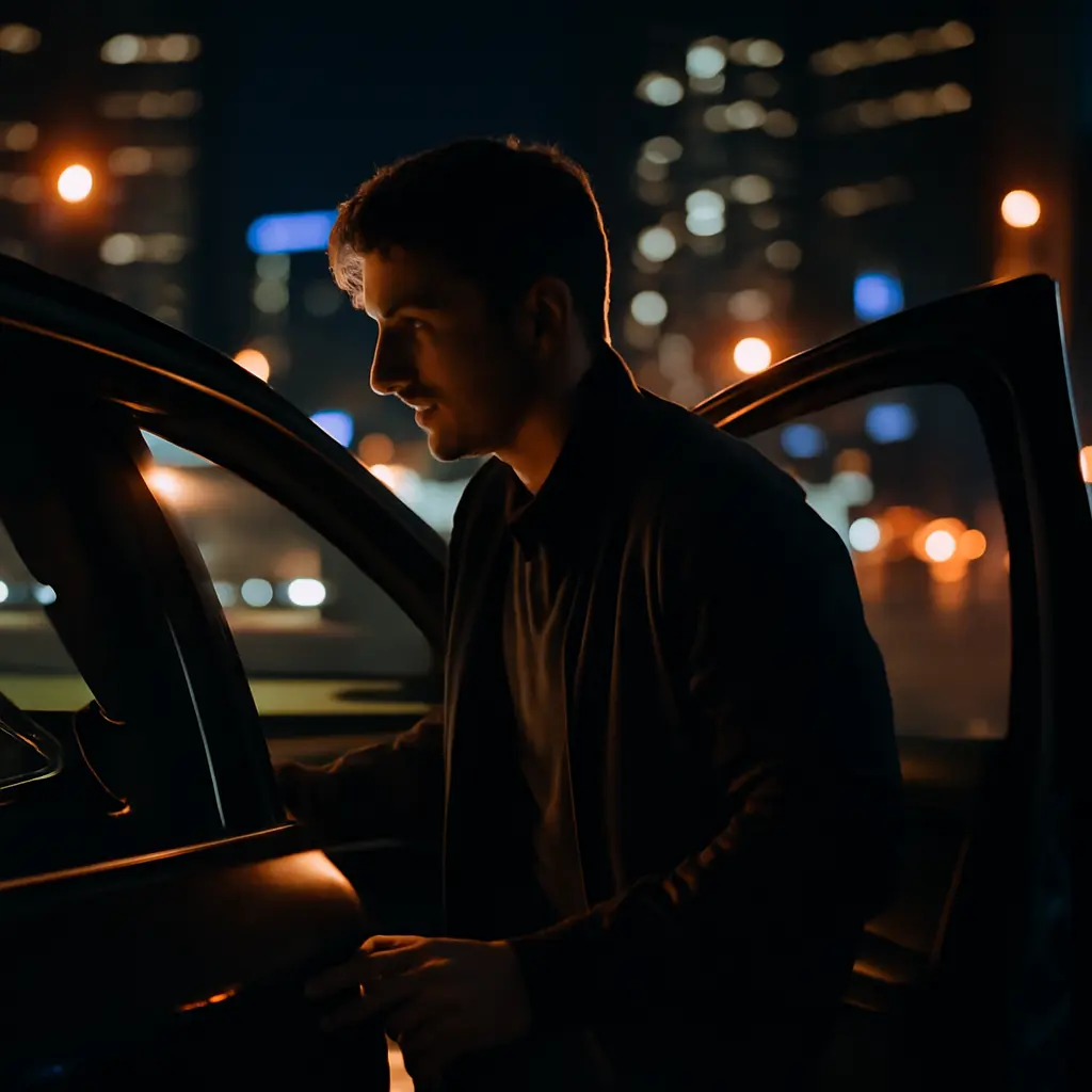 Водитель у автомобиля Трезвый водитель открывает дверь автомобиля ночью