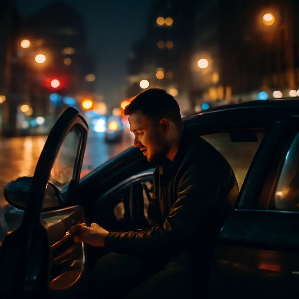 Водитель садится за руль ночного автомобиля