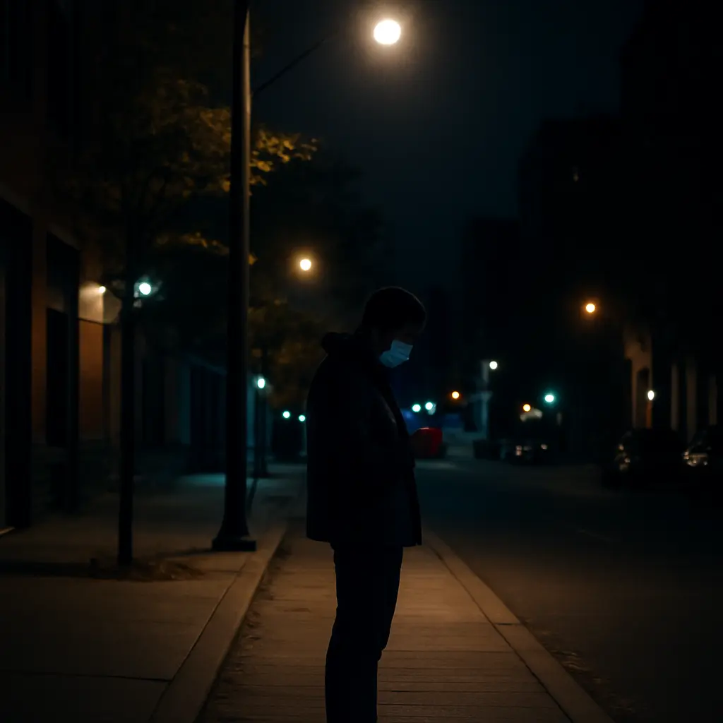 Человек стоит на освещенной улице, смотрит в телефон